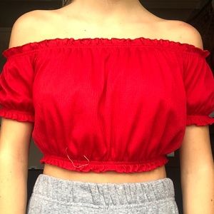 red off the shoulder crop top.